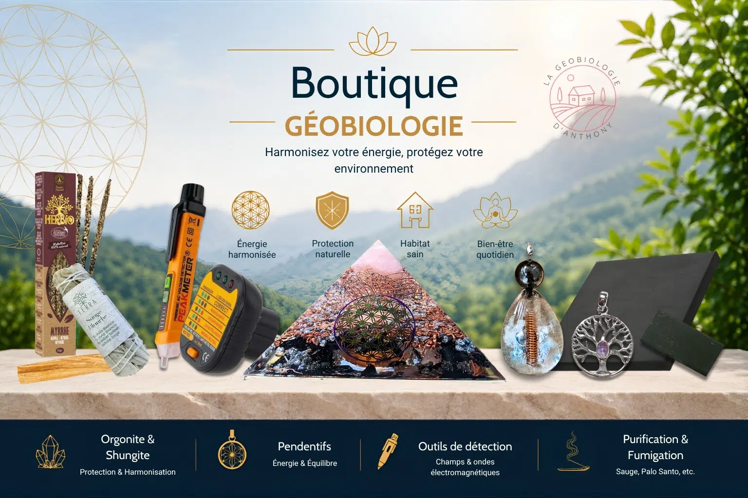 Boutique géobiologie purification détection ondes orgonite pendentif shungite